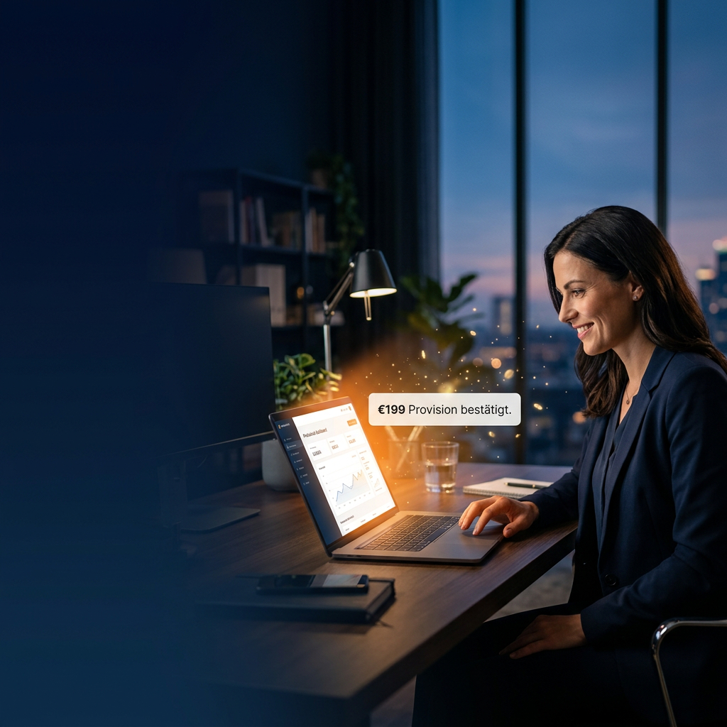 Frau am Laptop erhält 199€ Provision – Digitalwerk24 Empfehlungsprogramm